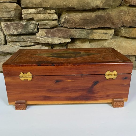 VTG Canoe Cedar Box Hand Carved Wood Decoupage Trinkets Cabin Rustic - Picture 9 of 15